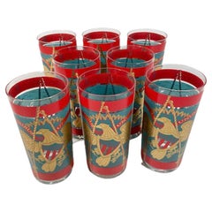 Vintage Cera Patriotic Drum Highball Glasses in Teal & Red Enamel with 22k Gold