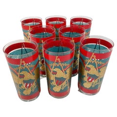 Verres vintage Cera Patriotic Drum Highball en émail rouge et sarcelle avec or 22 carats