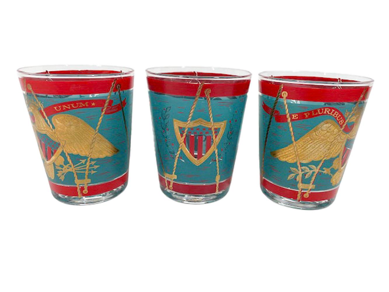 Mid-Century Modern Vintage Cera Patriotic Drum Rocks Glasses in Teal & Red Enamel with 22k Gold For Sale