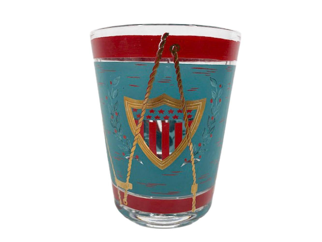 Vintage Cera Patriotic Drum Rocks Glasses in Teal & Red Enamel with 22k Gold In Good Condition For Sale In Nantucket, MA