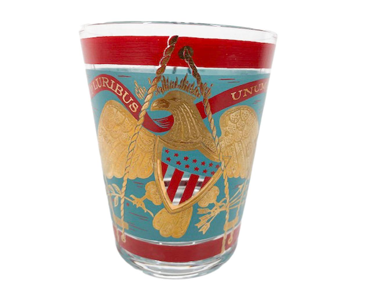 20th Century Vintage Cera Patriotic Drum Rocks Glasses in Teal & Red Enamel with 22k Gold For Sale