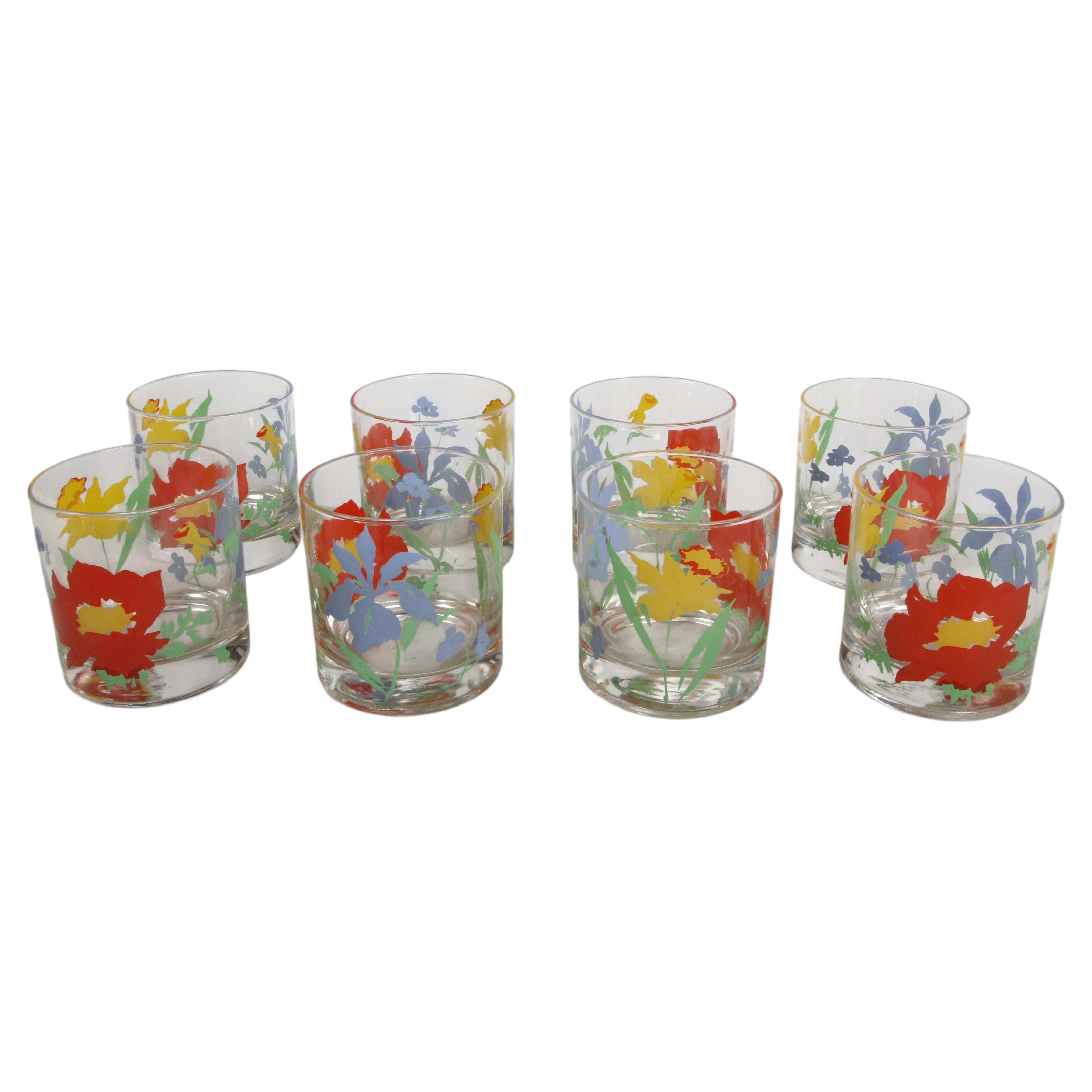 Vintage Cera Style Mid-Century Modern Floral Lowball Glasses - Set of 8 For Sale