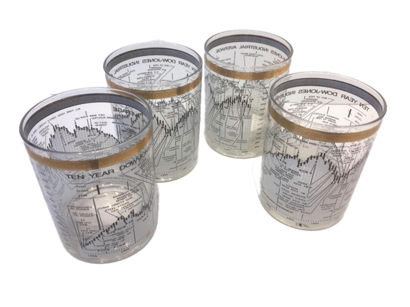 Four vintage rocks glasses by Cera Glassware. Ten Year Dow-Jones Industrial Average for the period from 1958-1968, with a graph in black on white showing the changes in the market along with world events that influenced the changes. The top of each