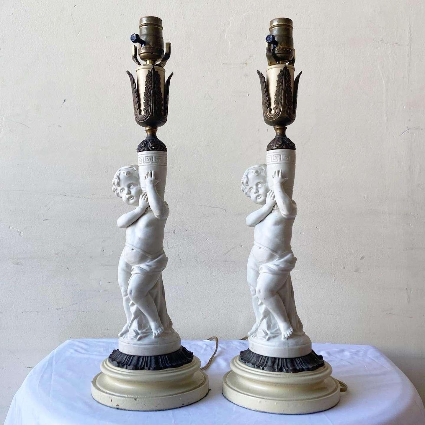 Vintage Ceramic and Brass Cherub Table Lamps In Good Condition For Sale In Delray Beach, FL