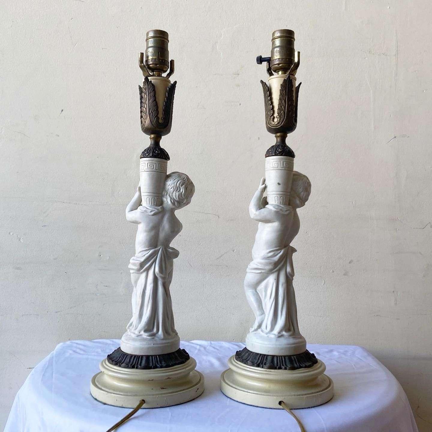 Mid-20th Century Vintage Ceramic and Brass Cherub Table Lamps For Sale