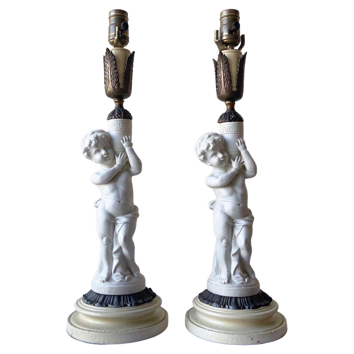 Vintage Ceramic and Brass Cherub Table Lamps For Sale
