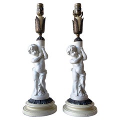 Retro Ceramic and Brass Cherub Table Lamps