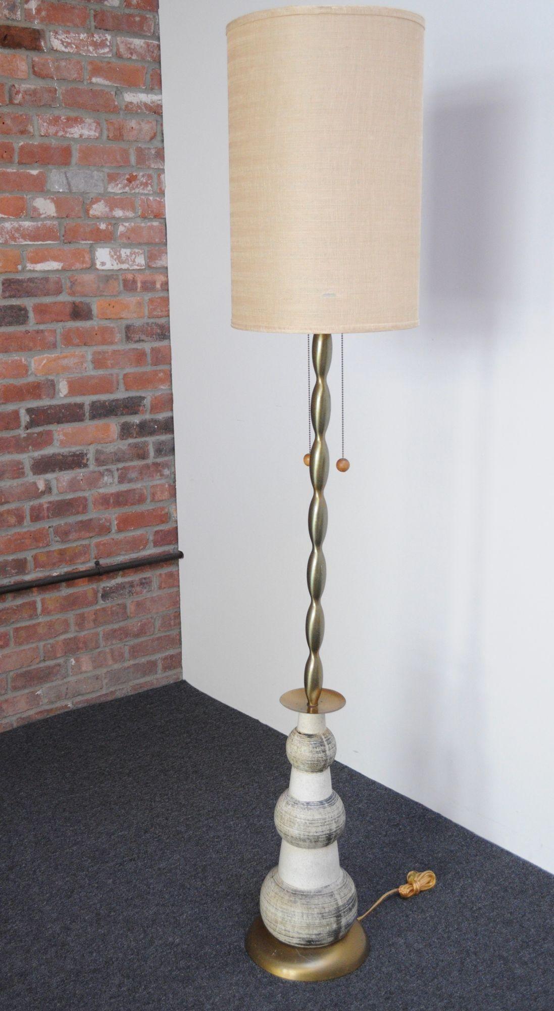 American Vintage Ceramic and Brass Graduated Dual Socket Floor Lamp with Shade For Sale