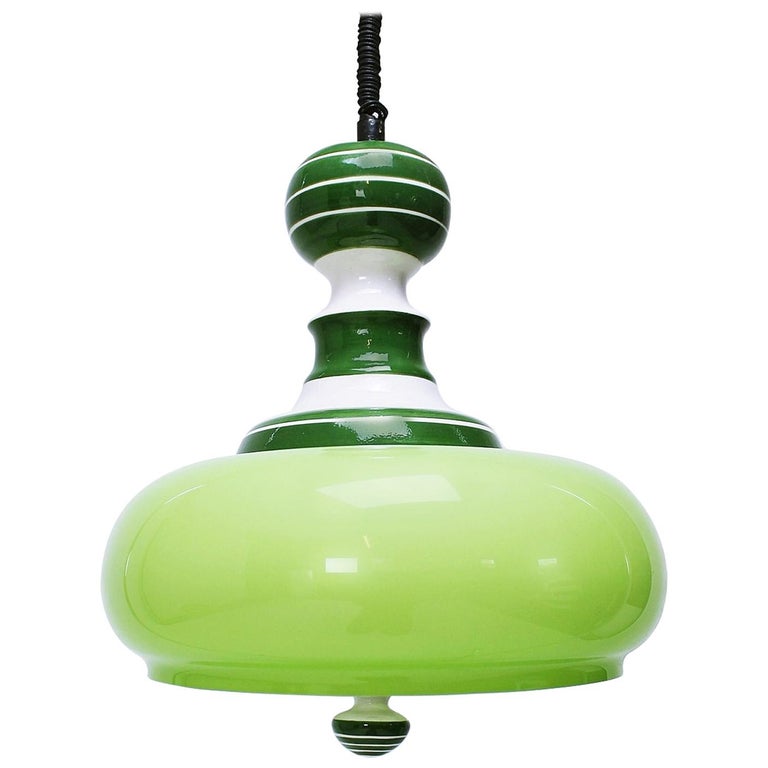 Vintage Ceramic And Glass Ceiling Light Pull Down Lamp Italy 1970