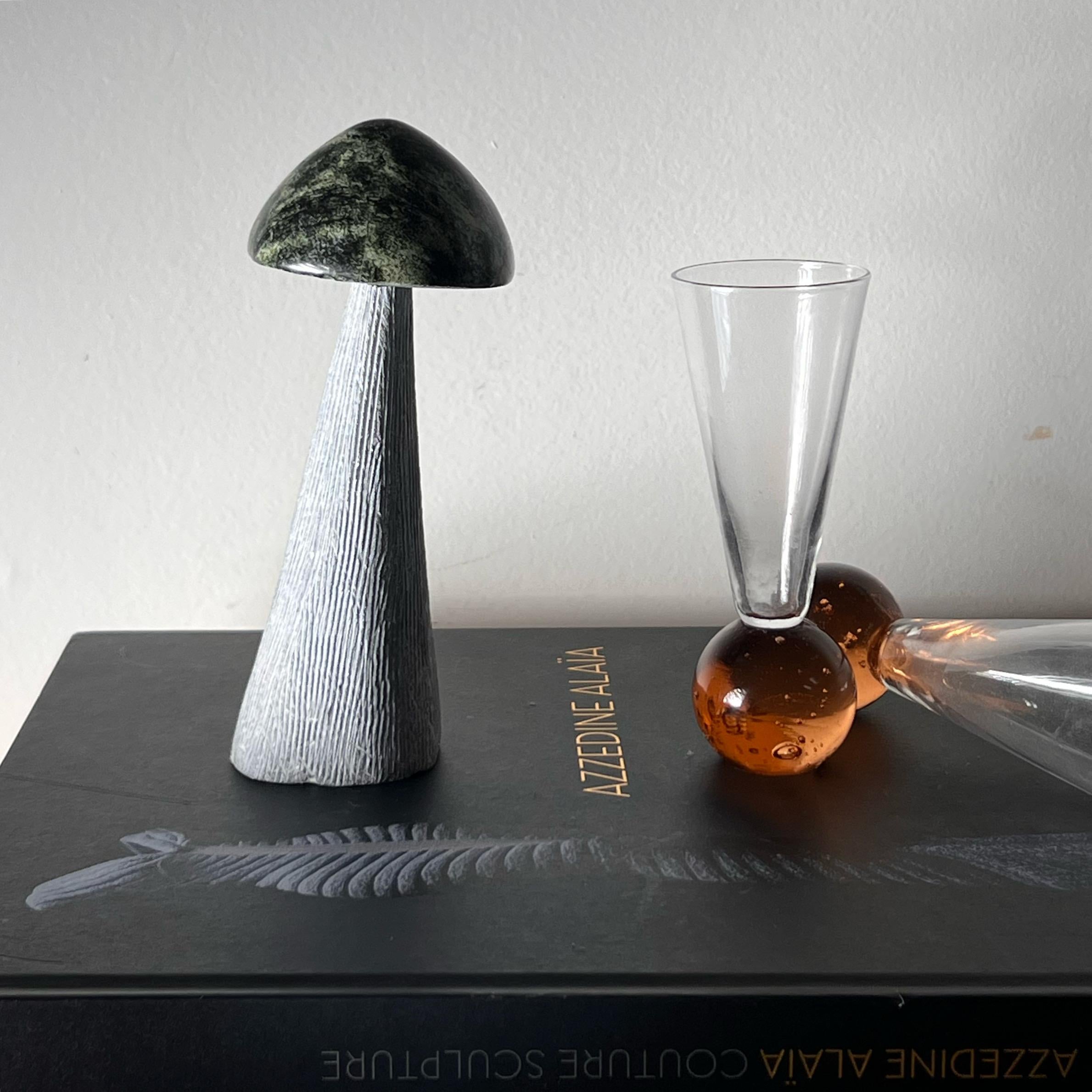 A vintage marble and ceramic hand-carved mushroom sculpture / objet d’art, circa 1970s. Ceramic base is dove gray, whilst marble cap is pine green. A rare and unique little sculpture. 