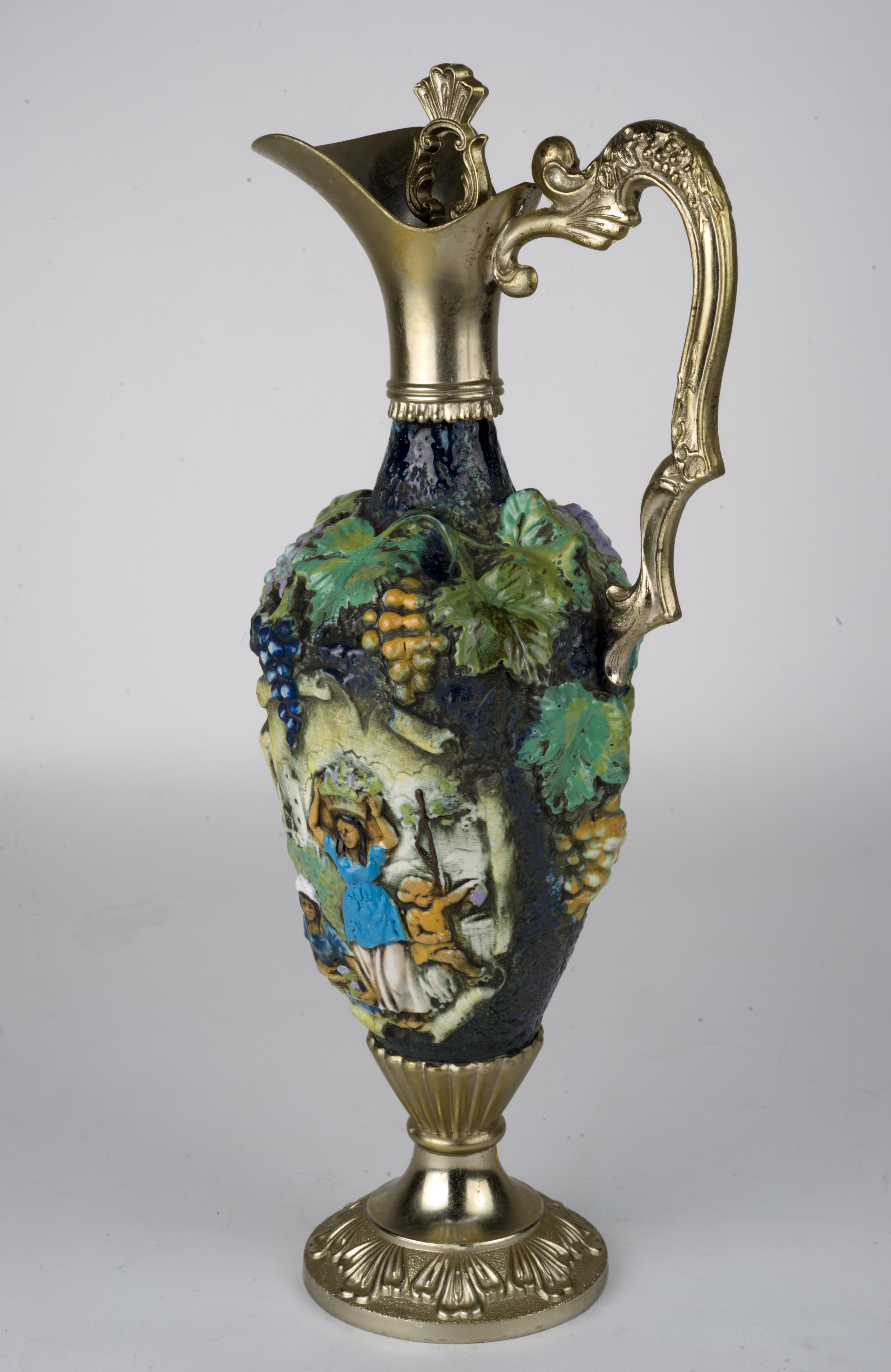 Italian Vintage Ceramic and Metal Decanter Italy Riprod Vietata Art 2598