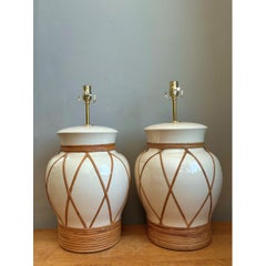 Vintage Ceramic and Rattan Table Lamps - Pair