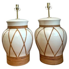 Vintage Ceramic and Rattan Table Lamps - Pair