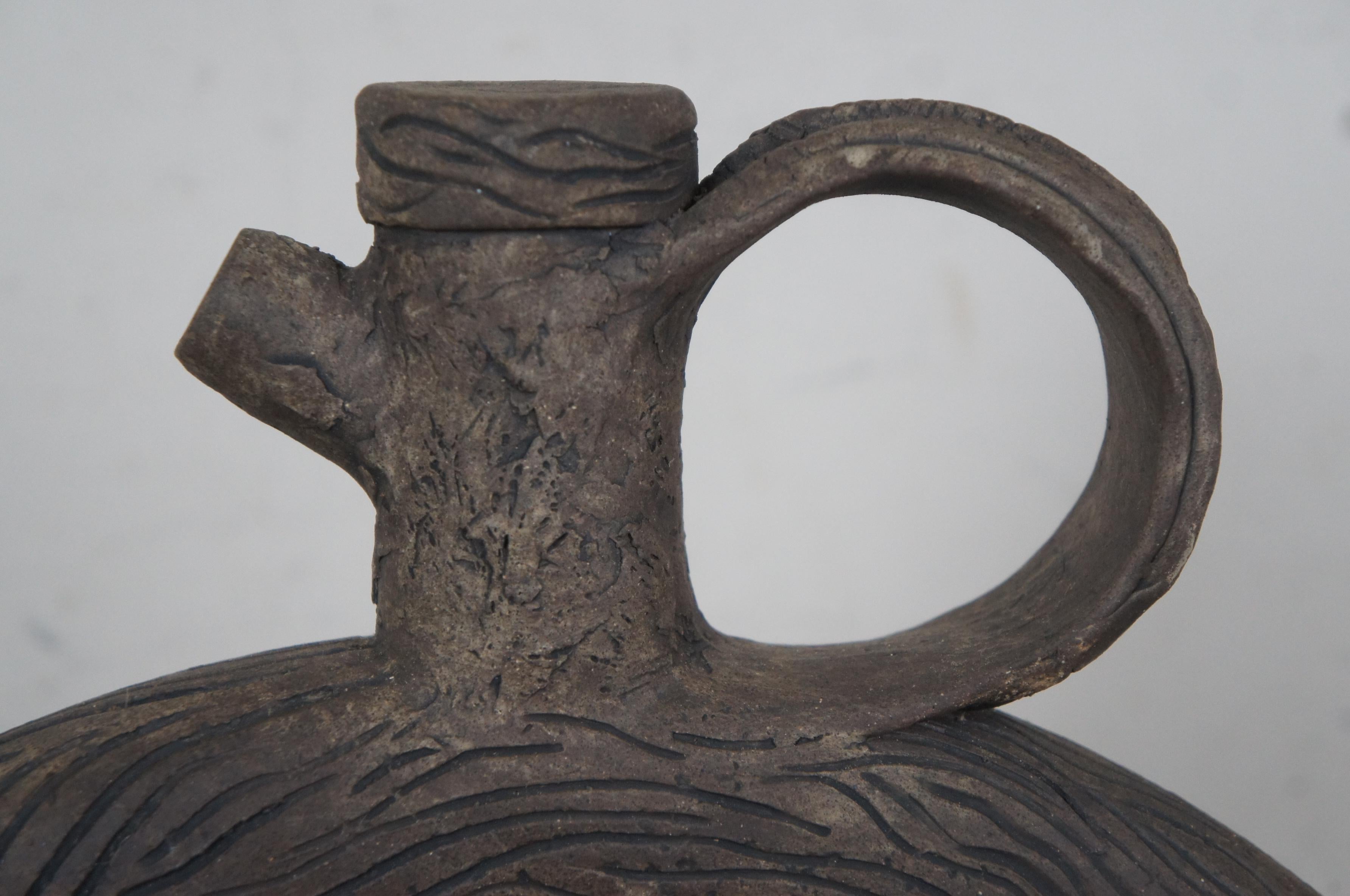 Vintage Cerámica Arte Cerámica Hitita Botella Anillo Decantador Vino Jarra Escultura 19