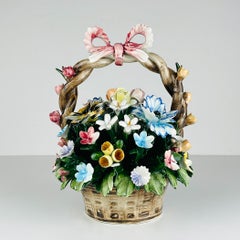 Panier vintage en céramique avec fleurs de S. Rioleva Capodimonte, Italie, années 1960