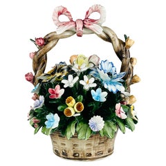Vintage ceramic basket with flowers by S. Rioleva Capodimonte Italy 1960s 