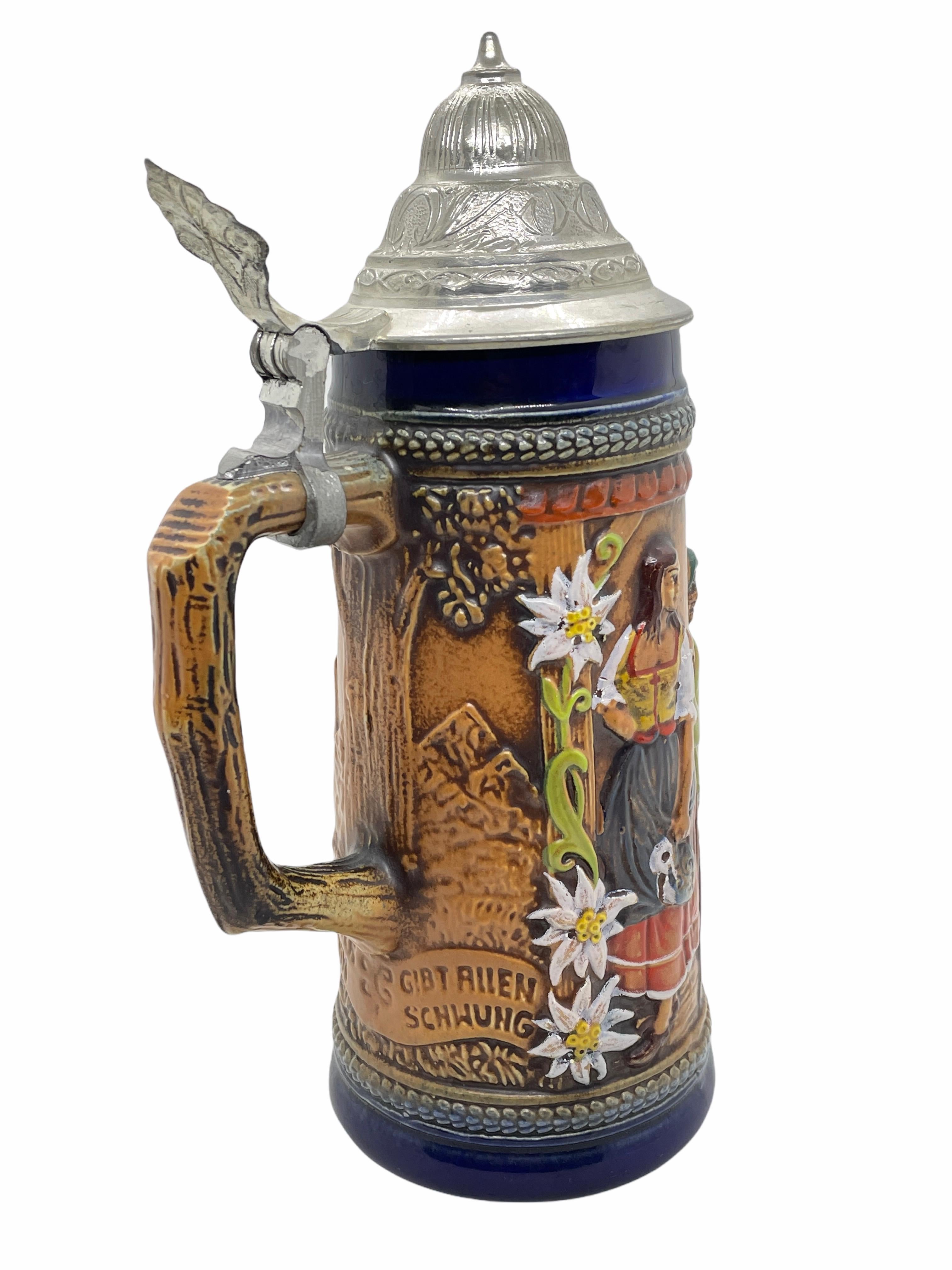 Folk Art Vintage Ceramic Beer Stein Lidded with Pewter Lid by Gerz, 1960s