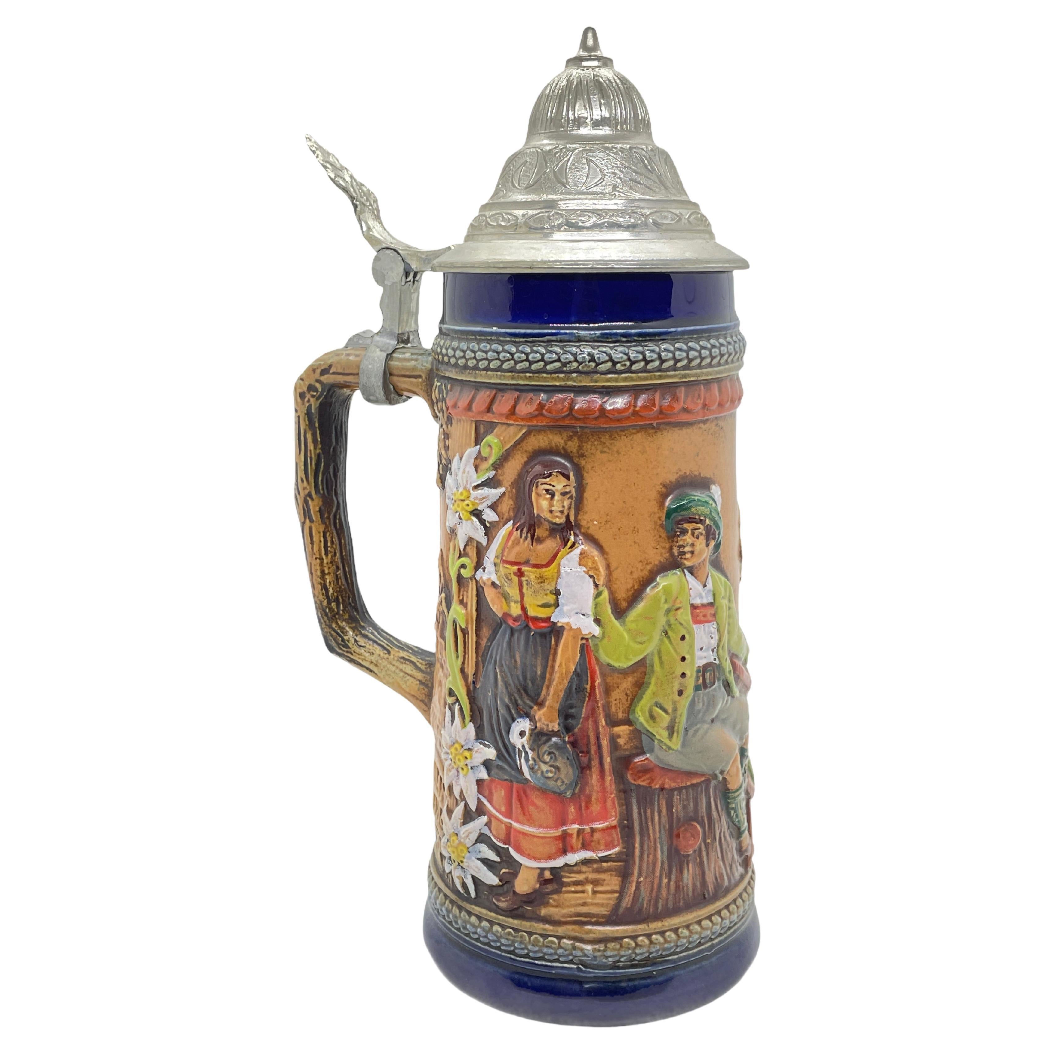 Vintage Ceramic Beer Stein Lidded with Pewter Lid by Gerz, 1960s
