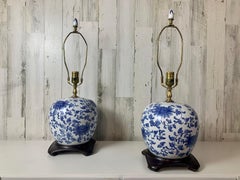 Vintage Ceramic Blue and White Ginger Jar Lamps Made in Hong Kong