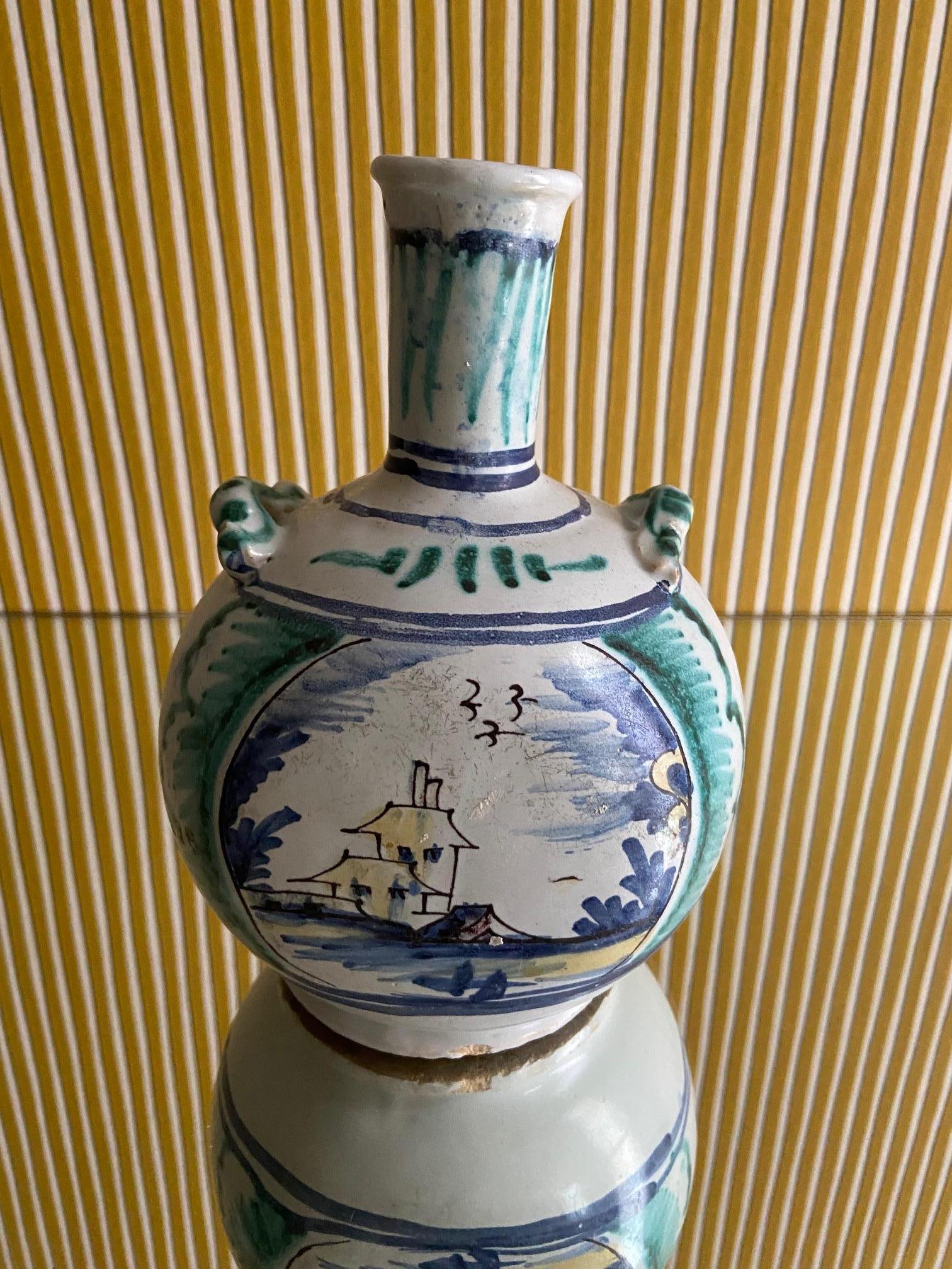 French Vintage Ceramic Blue Green Bottle Vase, France, 18th Century