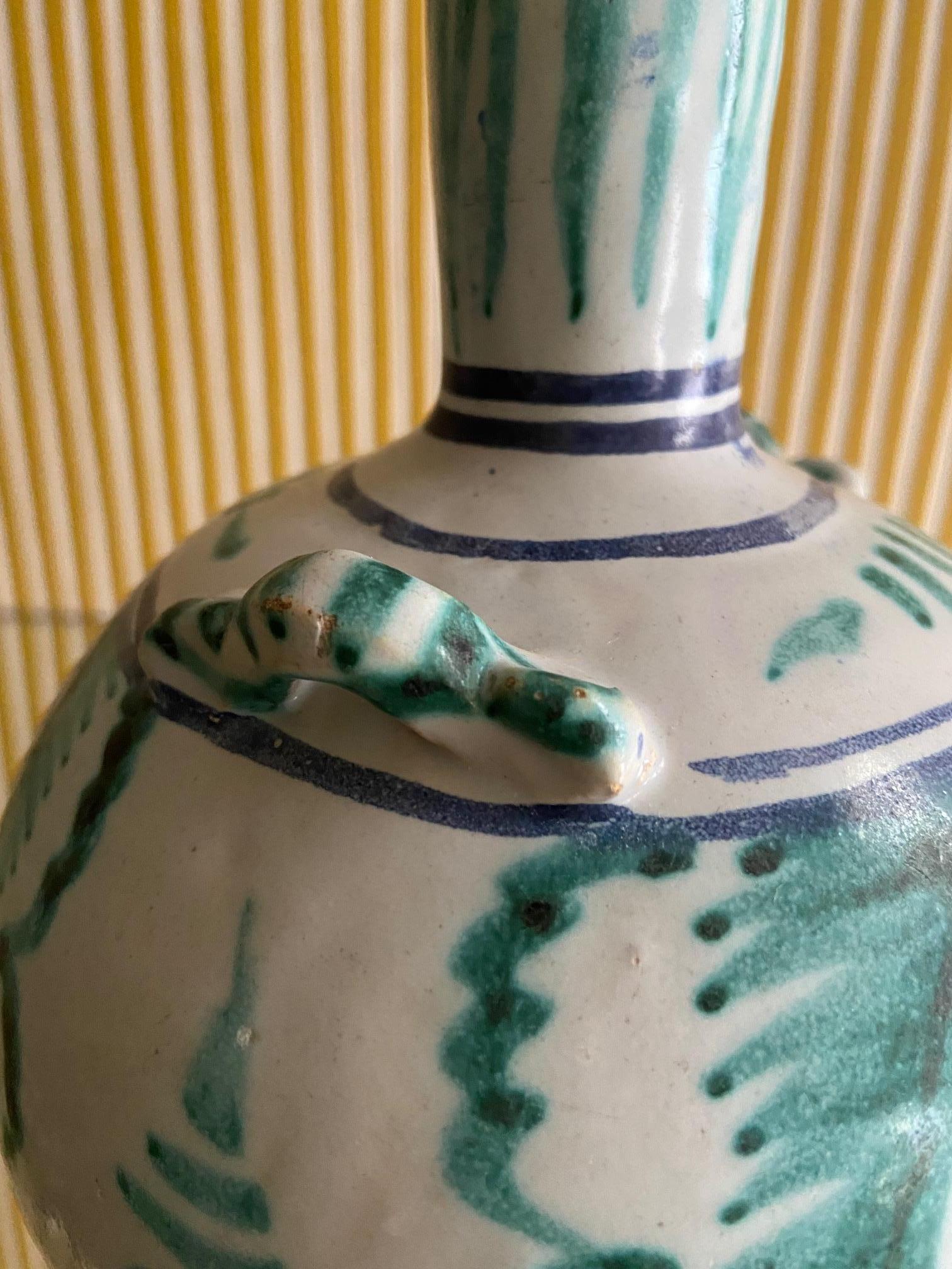 Vintage Ceramic Blue Green Bottle Vase, France, 18th Century 3
