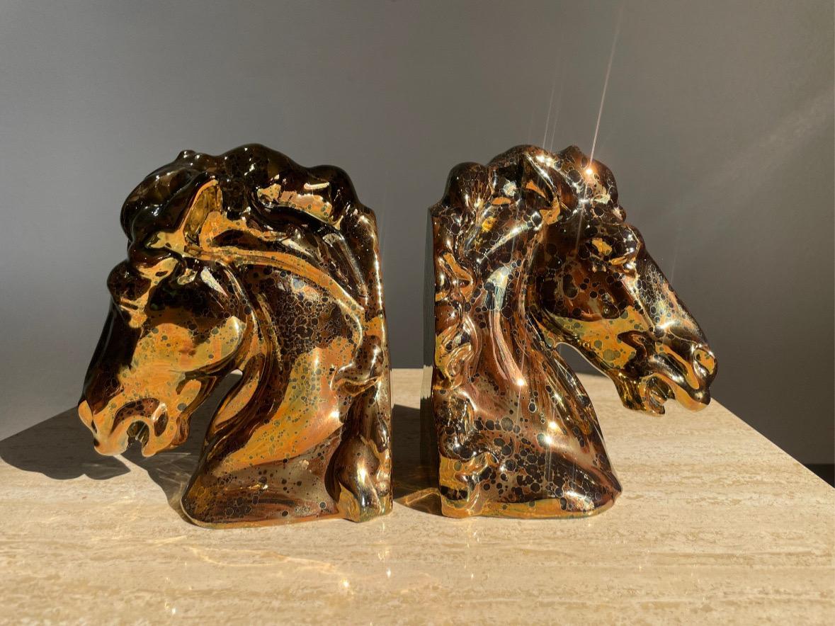 Hollywood Regency Vintage Ceramic Bronze Copper Magnesium Glaze Horse Head Bookends Pair For Sale