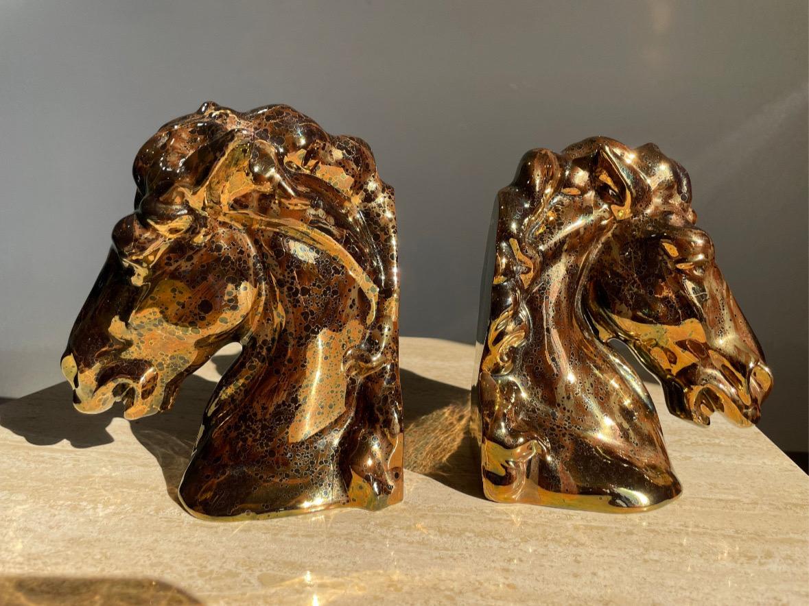 American Vintage Ceramic Bronze Copper Magnesium Glaze Horse Head Bookends Pair For Sale