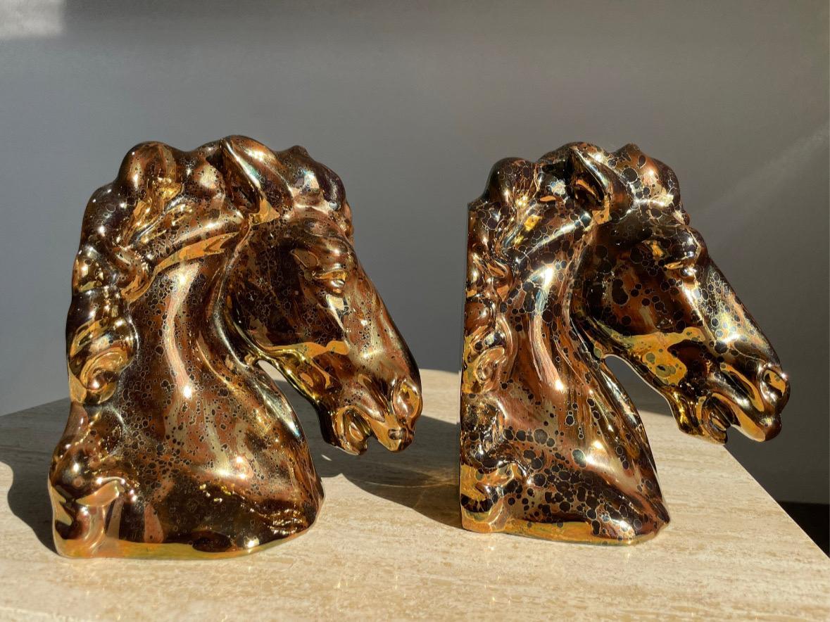 Glazed Vintage Ceramic Bronze Copper Magnesium Glaze Horse Head Bookends Pair For Sale