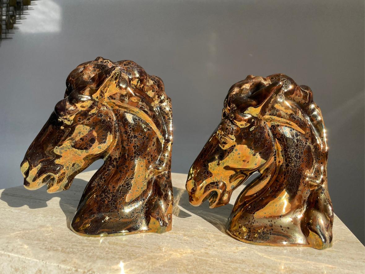 Vintage Ceramic Bronze Copper Magnesium Glaze Horse Head Bookends Pair In Good Condition For Sale In Lutz, FL