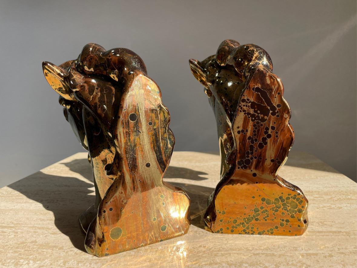 20th Century Vintage Ceramic Bronze Copper Magnesium Glaze Horse Head Bookends Pair For Sale