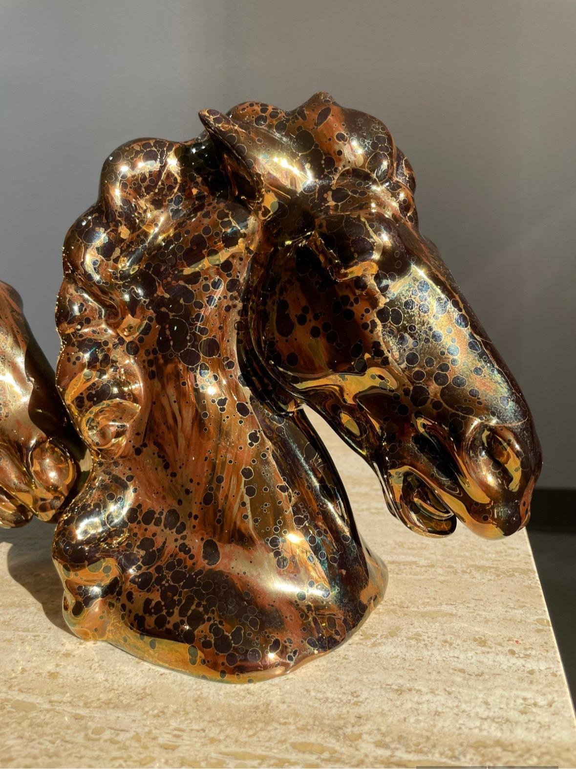 Vintage Ceramic Bronze Copper Magnesium Glaze Horse Head Bookends Pair For Sale 1