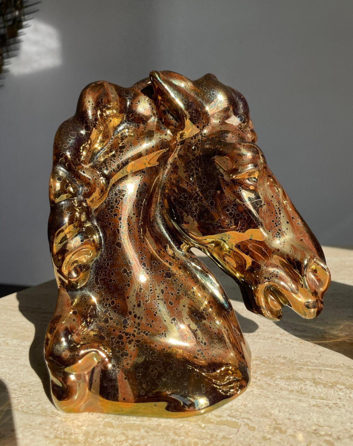 Vintage Ceramic Bronze Copper Magnesium Glaze Horse Head Bookends Pair For Sale 2