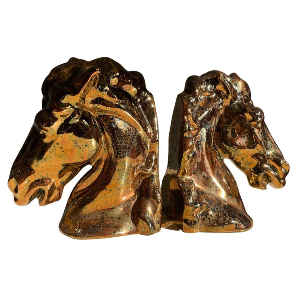 Vintage Ceramic Bronze Copper Magnesium Glaze Horse Head Bookends Pair