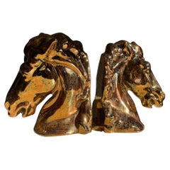 Vintage Ceramic Bronze Copper Magnesium Glaze Horse Head Bookends Pair