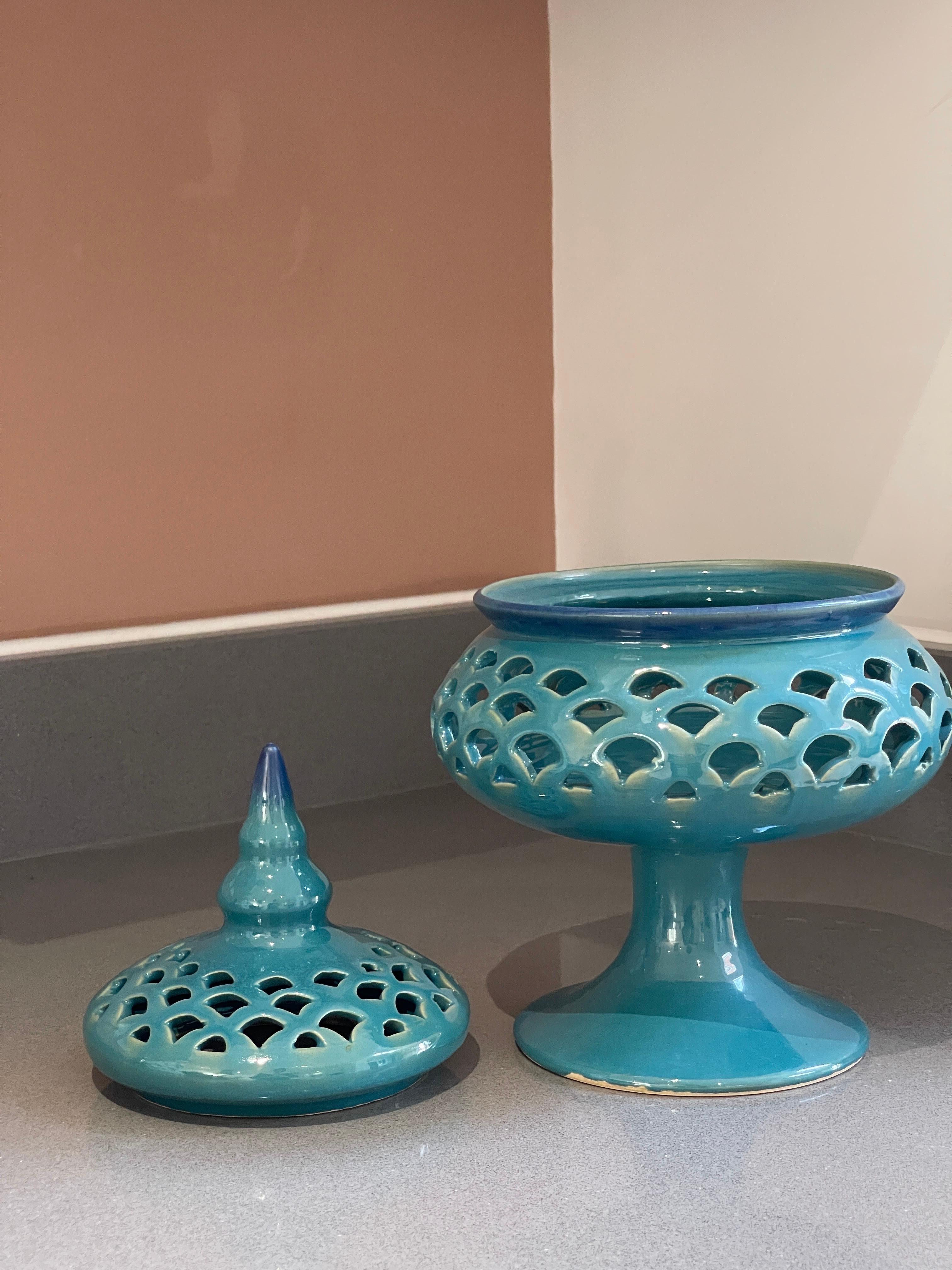 Candle Holder Hand Crafted Blue Ceramic Torches With Stand &Lid For Sale 2