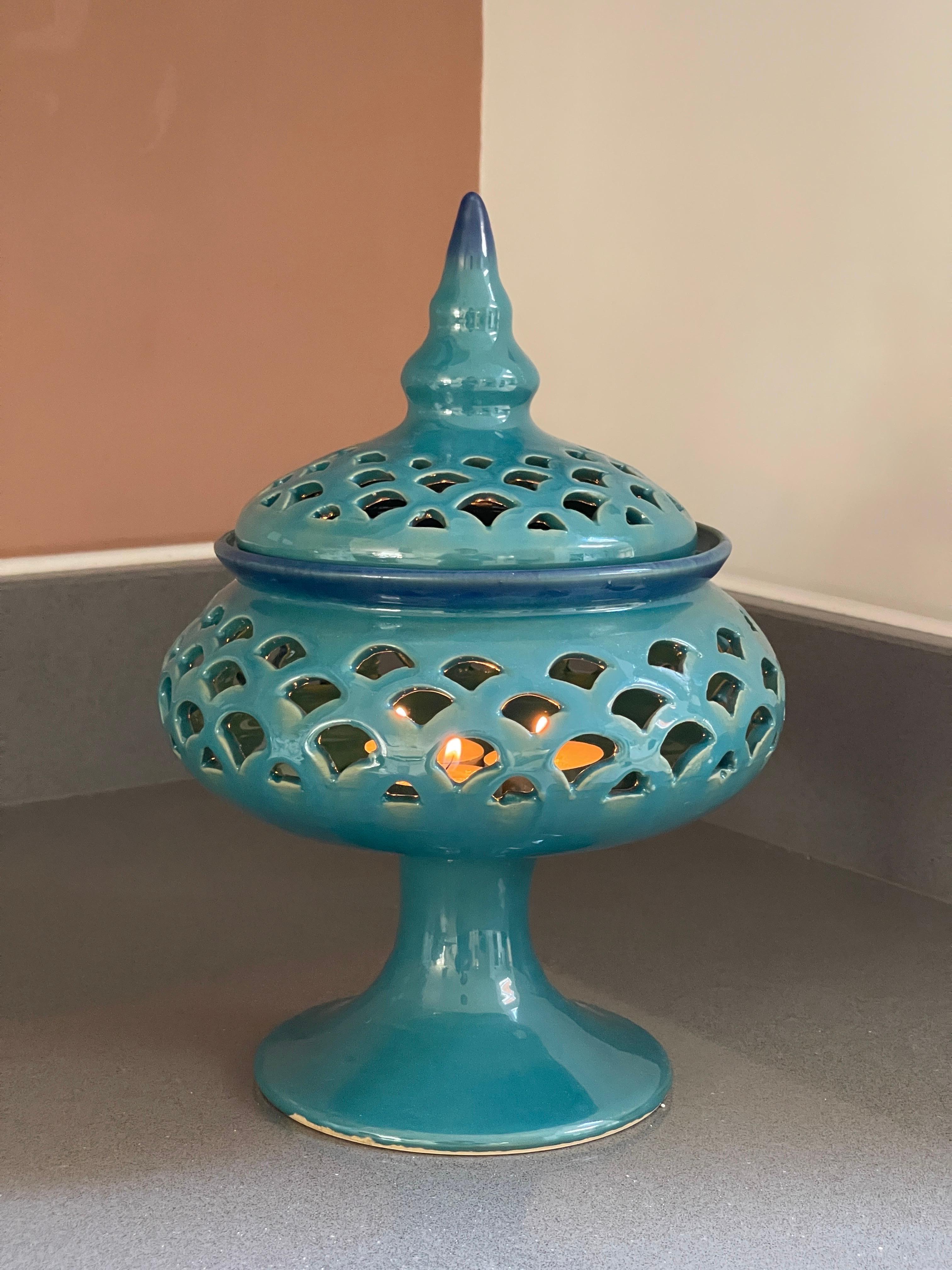 Candle Holder Hand Crafted Blue Ceramic Torches With Stand &Lid 4