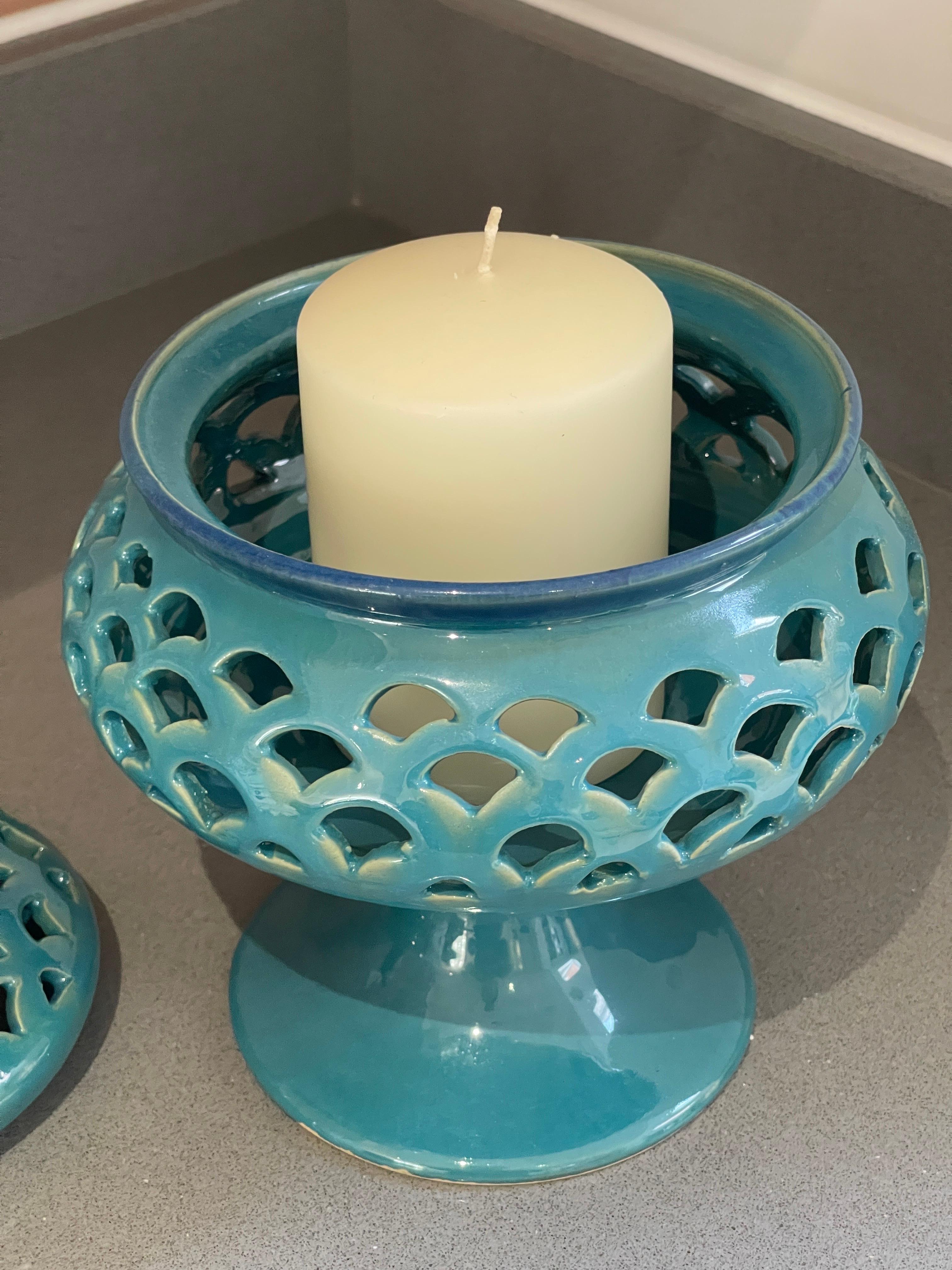 Candle Holder Hand Crafted Blue Ceramic Torches With Stand &Lid 7
