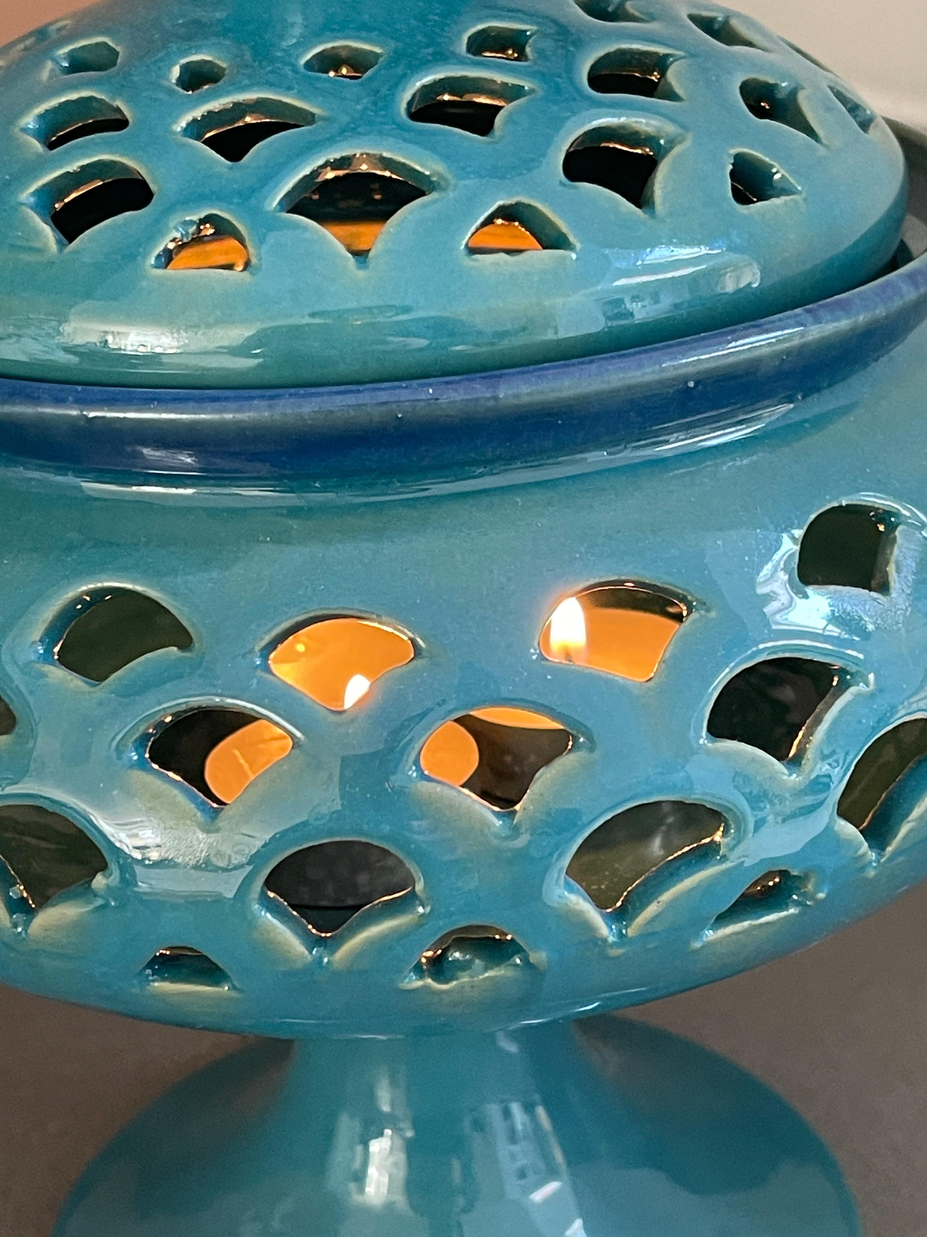 Candle Holder Hand Crafted Blue Ceramic Torches With Stand &Lid 8