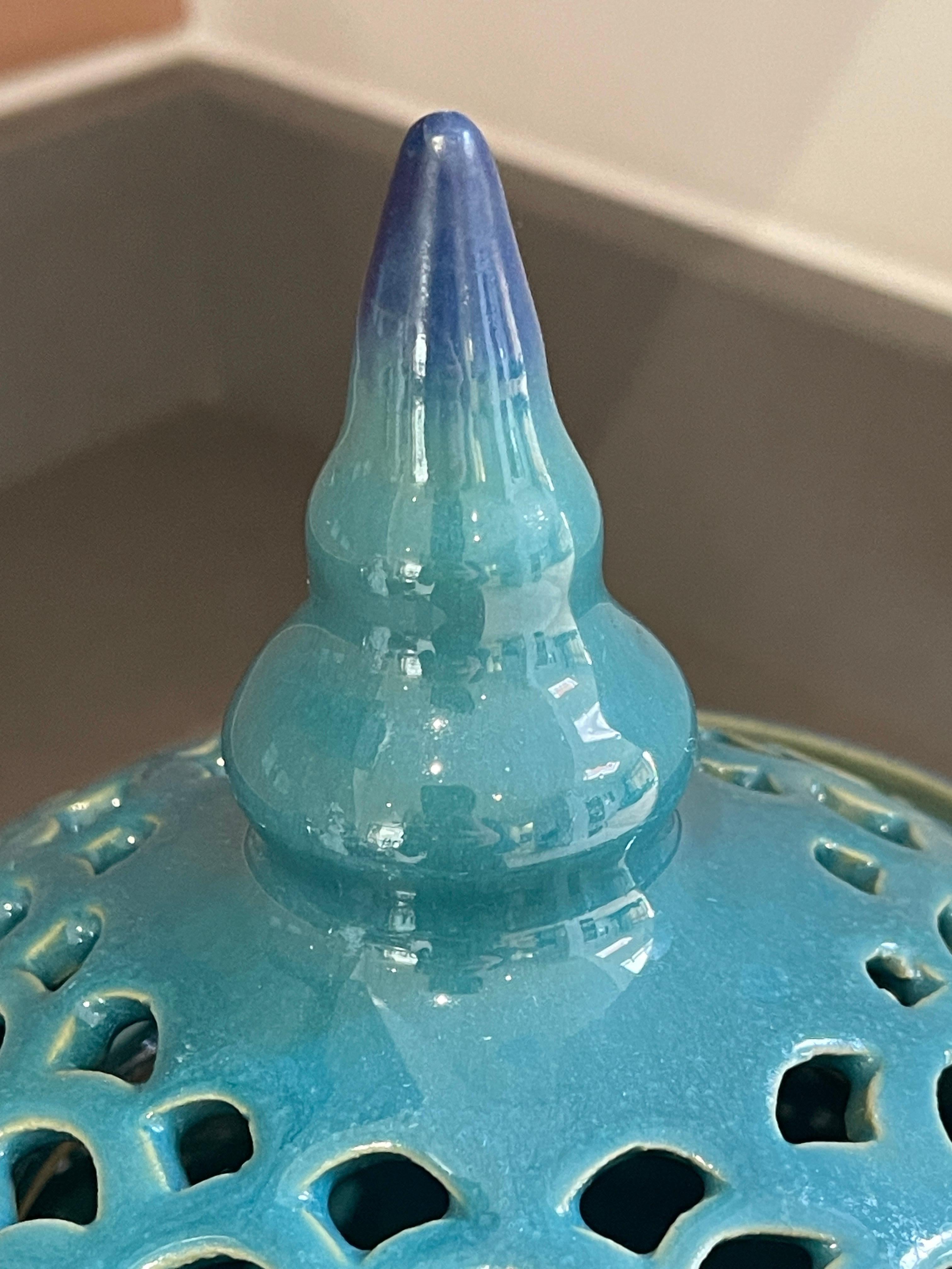Hand-Carved Candle Holder Hand Crafted Blue Ceramic Torches With Stand &Lid For Sale