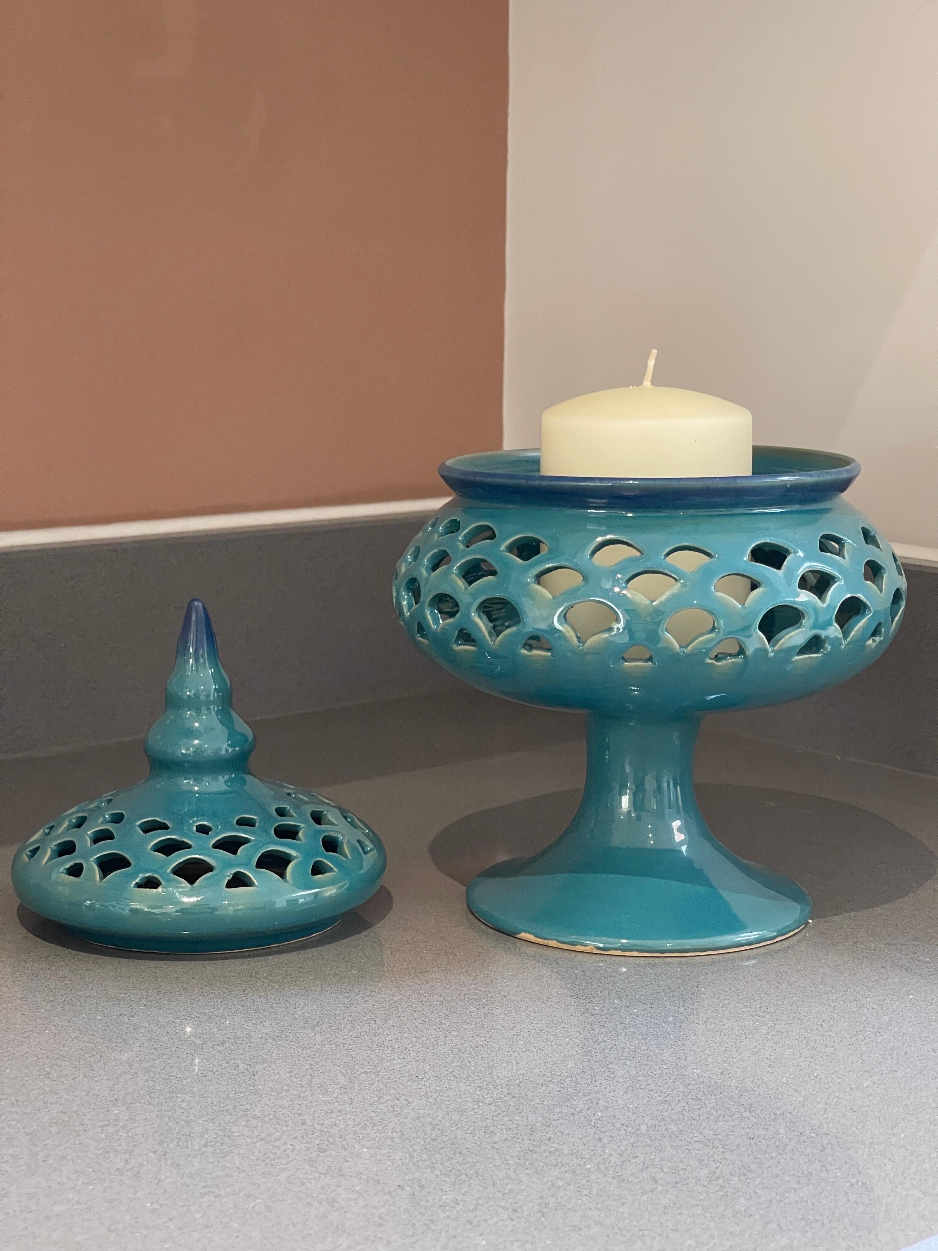 Candle Holder Hand Crafted Blue Ceramic Torches With Stand &Lid In Excellent Condition For Sale In Hampshire, GB