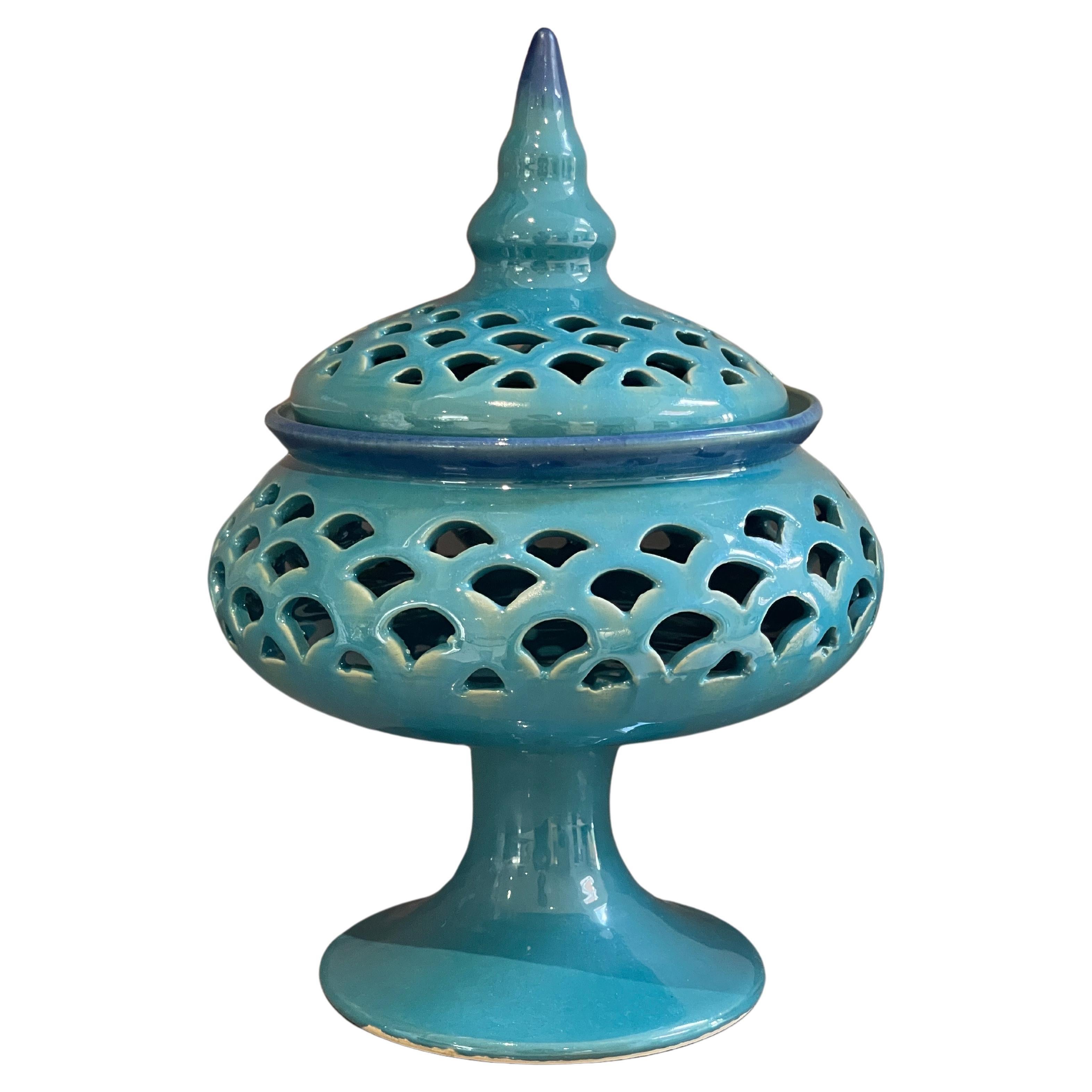 Candle Holder Hand Crafted Blue Ceramic Torches With Stand &Lid For Sale