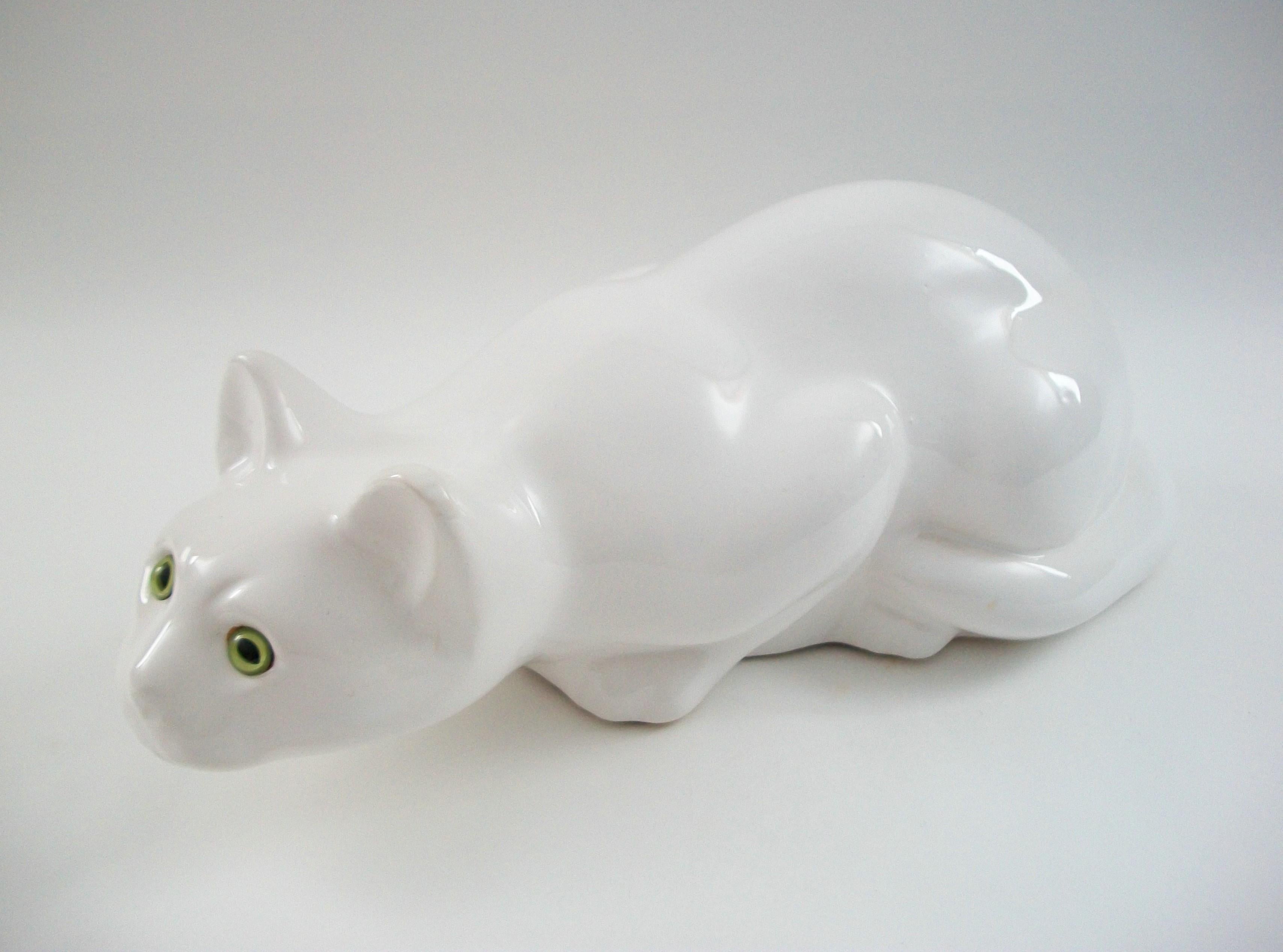 Mid-Century Modern Vintage Ceramic Cat with Green Glass Eyes - Italy - Circa 1980's For Sale