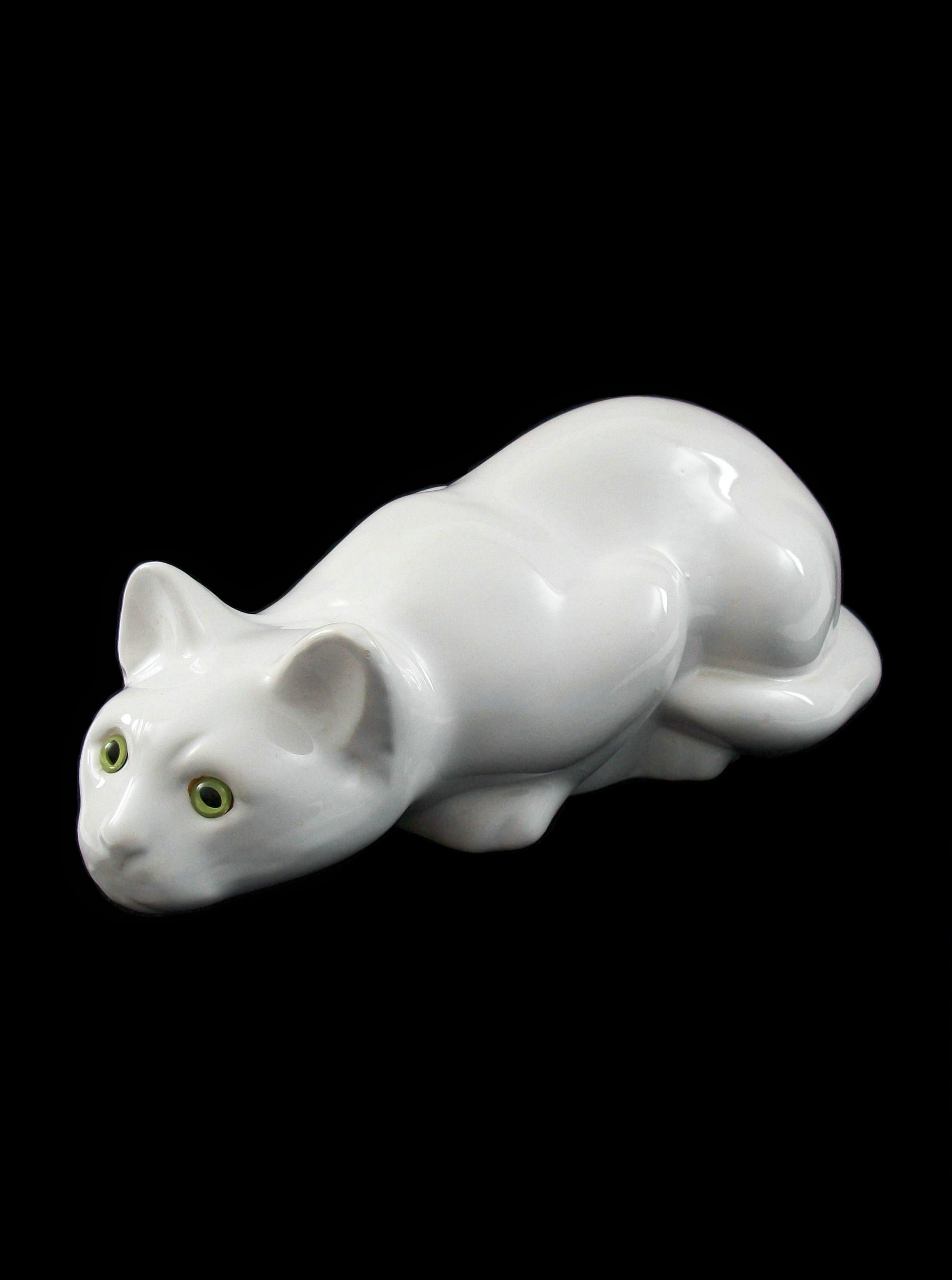 Glazed Vintage Ceramic Cat with Green Glass Eyes - Italy - Circa 1980's For Sale