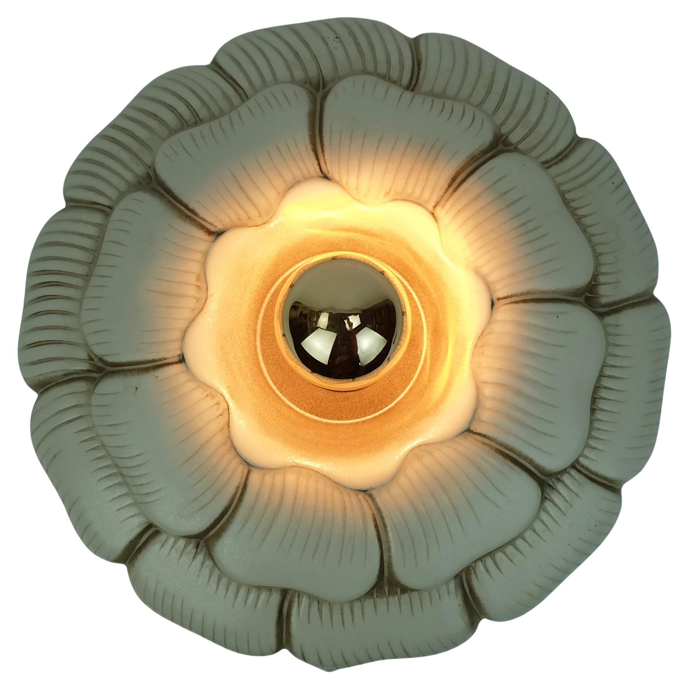 vintage ceramic CEILING LIGHT or sconce flower shape beige brown 1970s