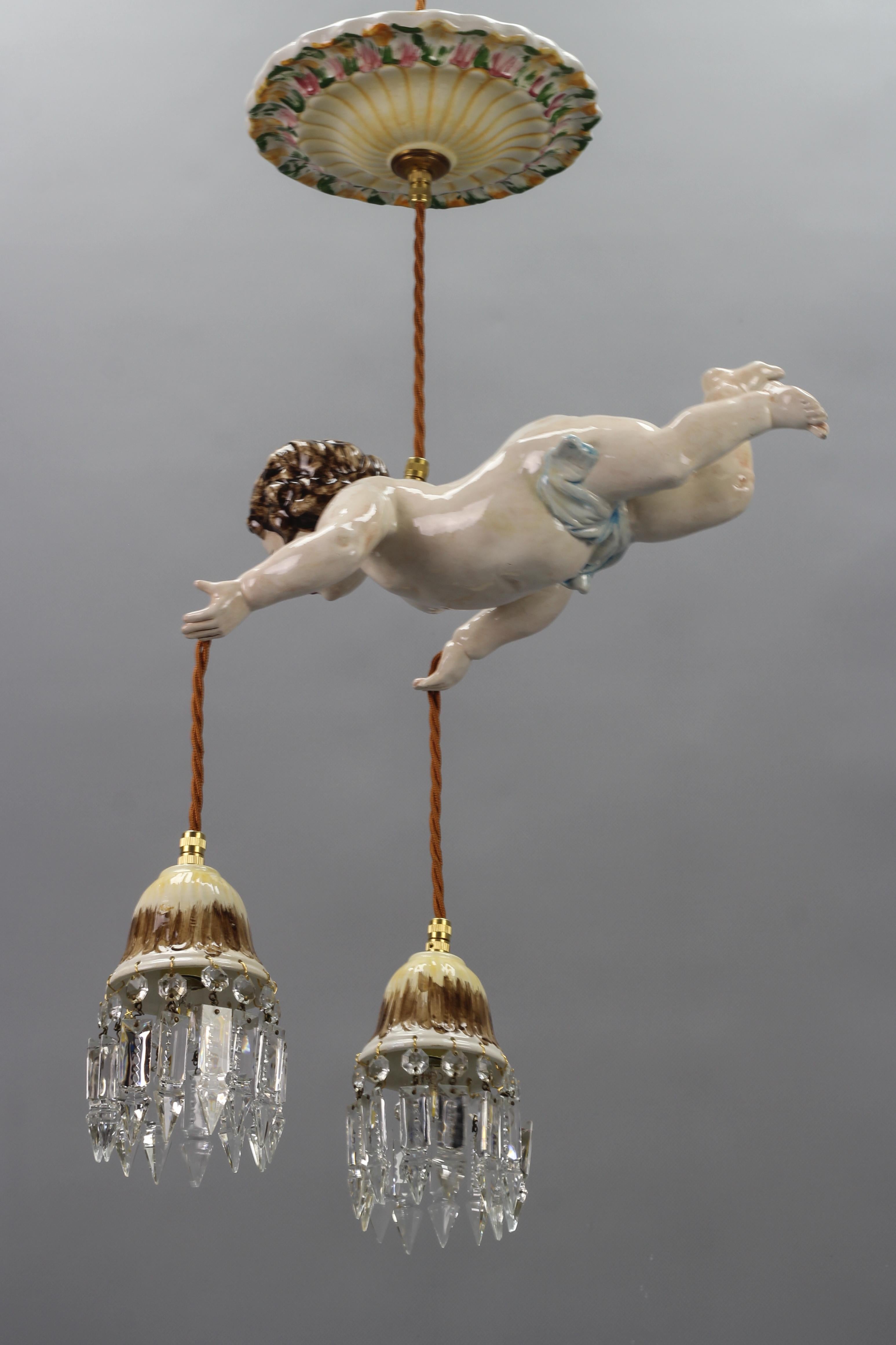 Vintage Ceramic Cherub and Crystal Glass Two-Light Pendant Light In Good Condition In Barntrup, DE