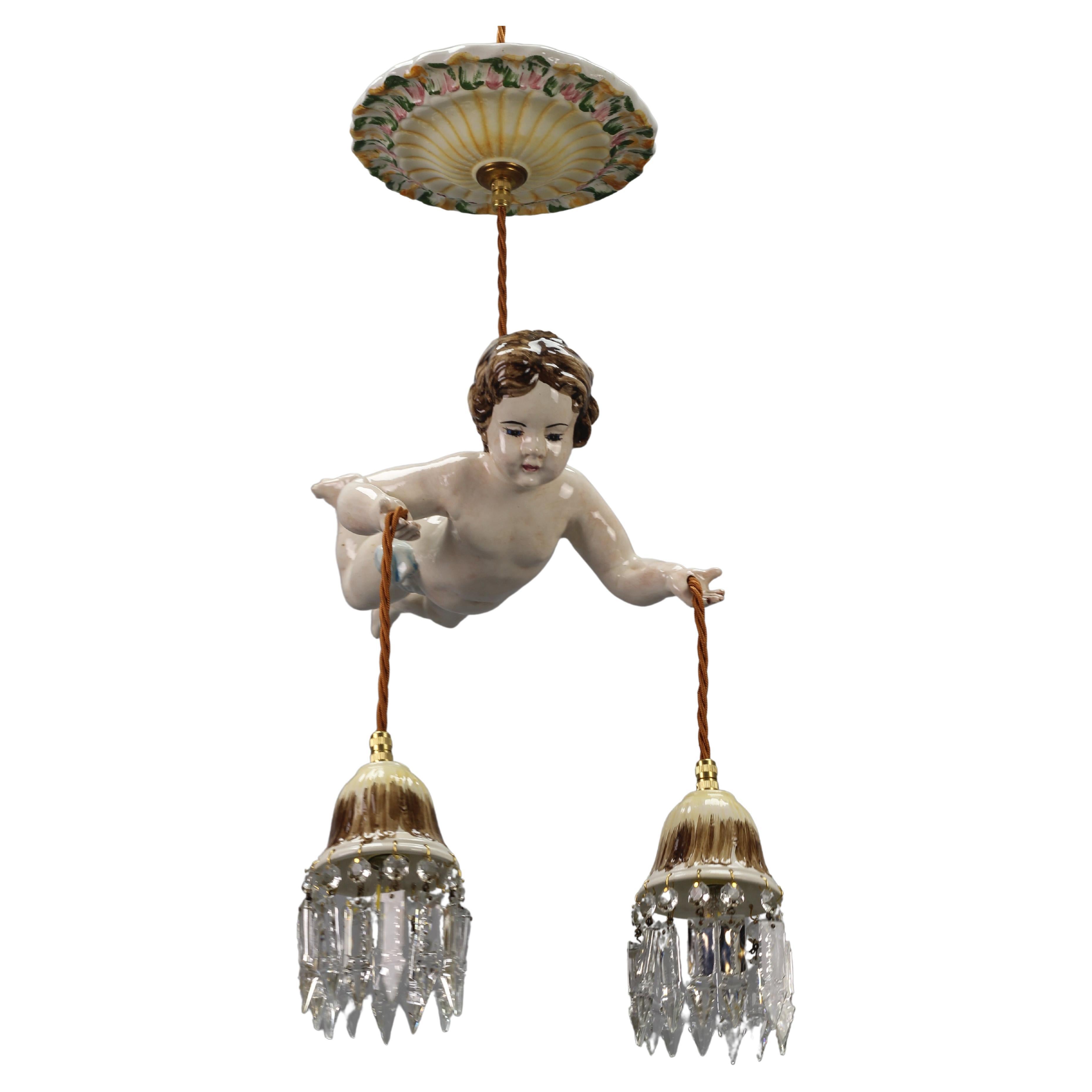 Vintage Ceramic Cherub and Crystal Glass Two-Light Pendant Light