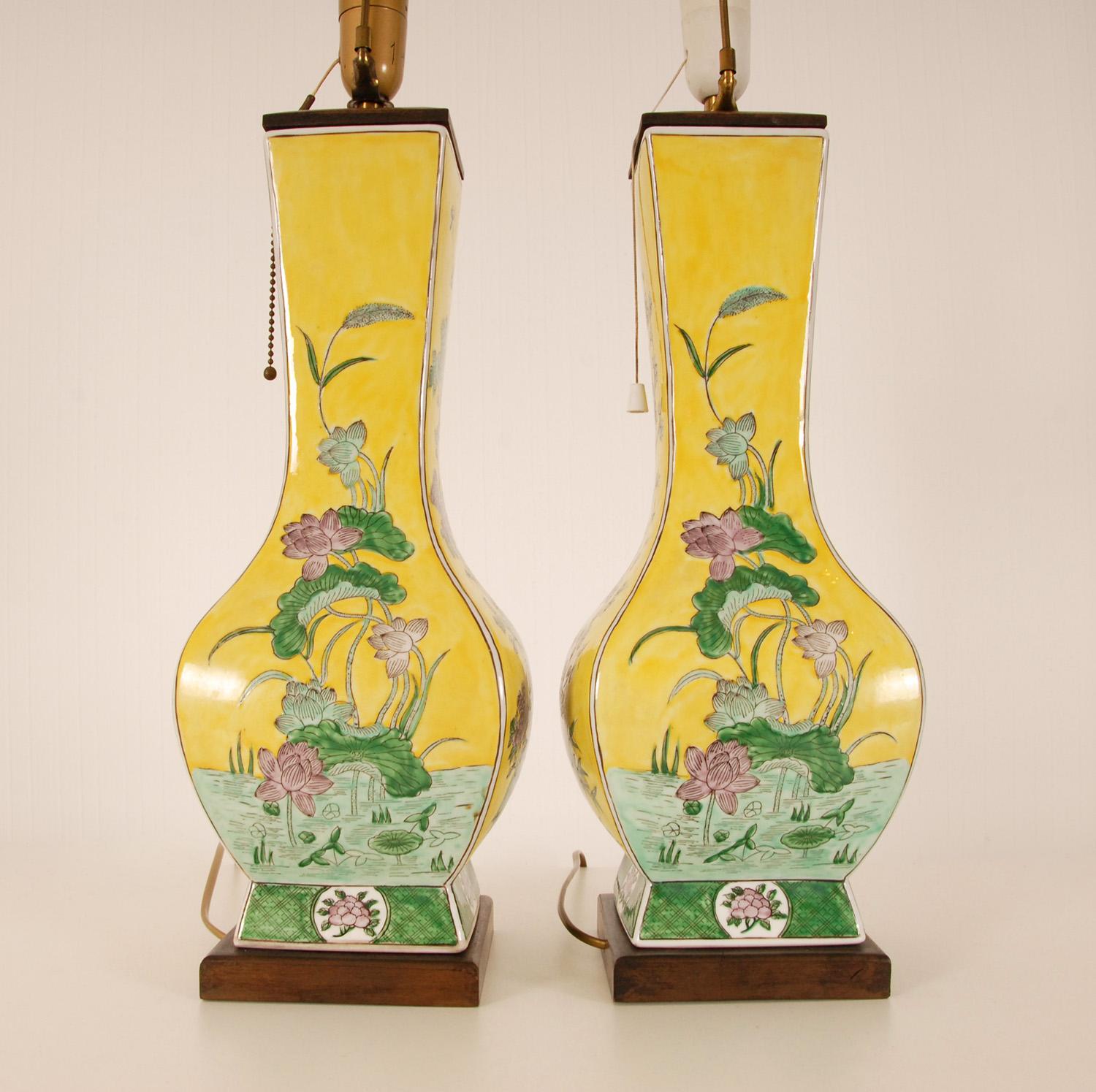 Vintage Ceramic Chinoiserie Lamps Famille Jaune and Famille Verte Table Lamps 1