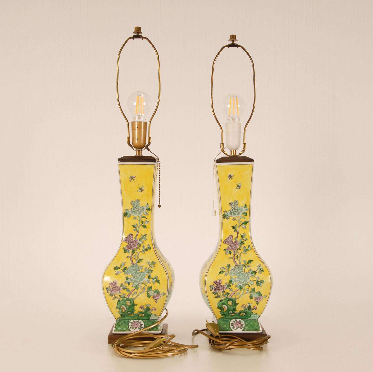 Qing Vintage Ceramic Chinoiserie Lamps Famille Jaune and Famille Verte Table Lamps