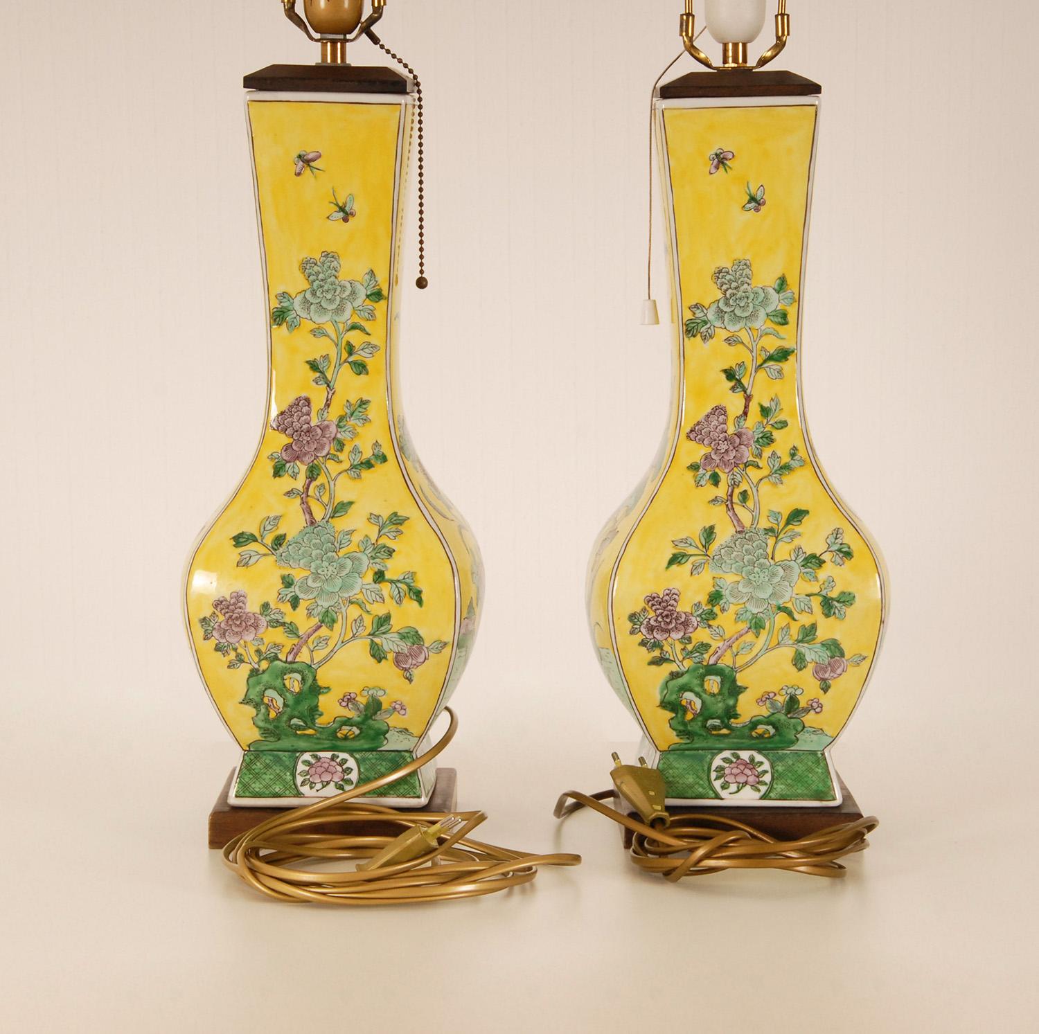 Asian Vintage Ceramic Chinoiserie Lamps Famille Jaune and Famille Verte Table Lamps