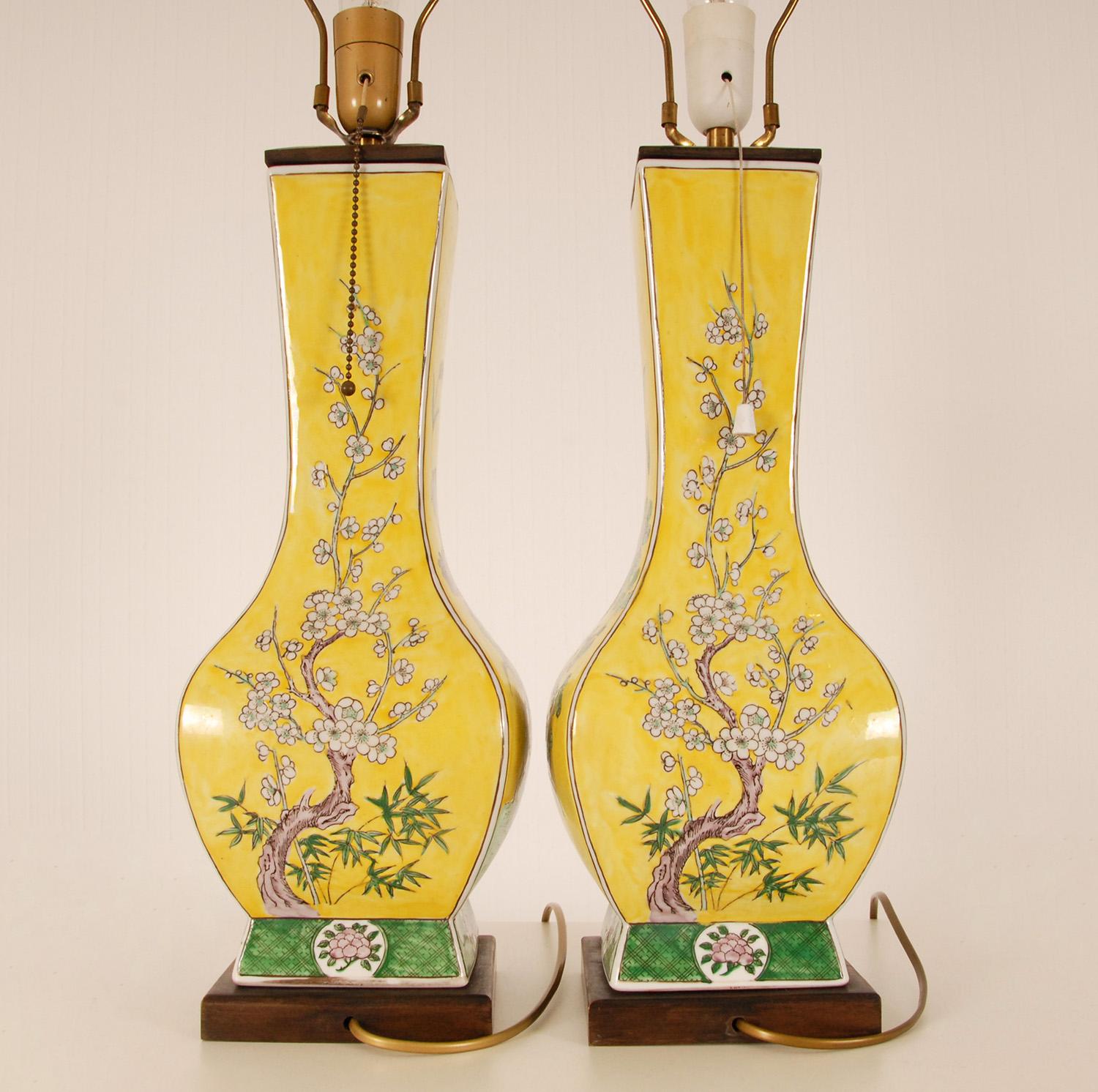 Hand-Painted Vintage Ceramic Chinoiserie Lamps Famille Jaune and Famille Verte Table Lamps